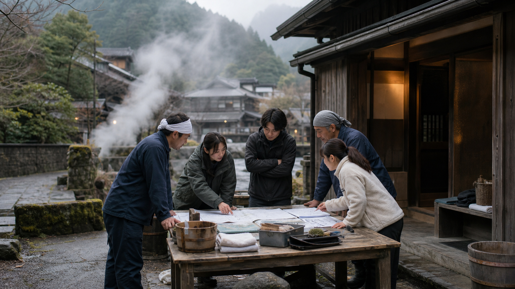 温泉地で地域の人たちが資料を囲み共同作業をしている風景